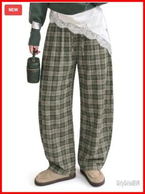 Plaid Barrel Pants Flannel Lounge Trousers Drawstring Wide Leg